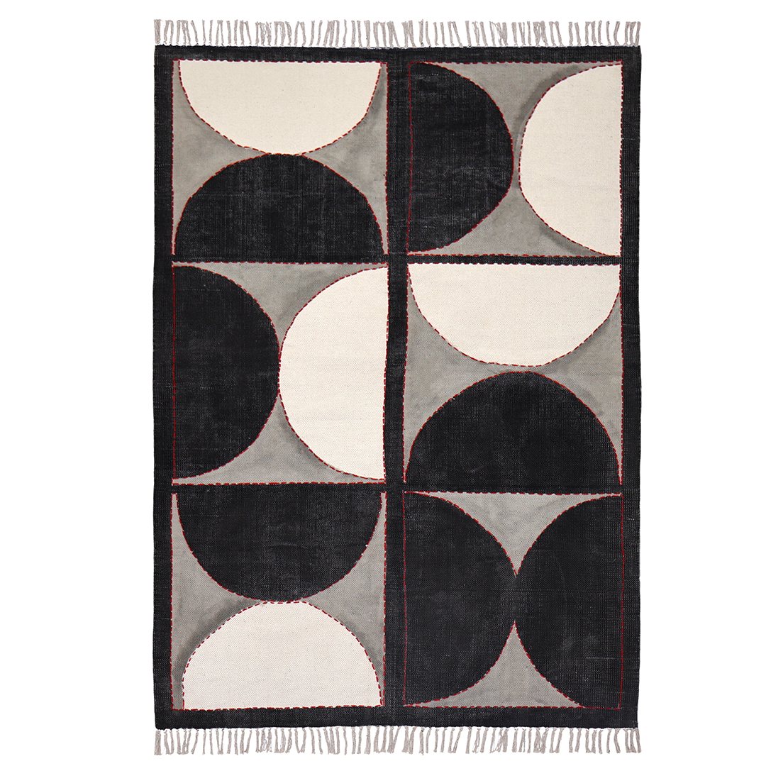 Black Block Printed & Kantha Design Rug