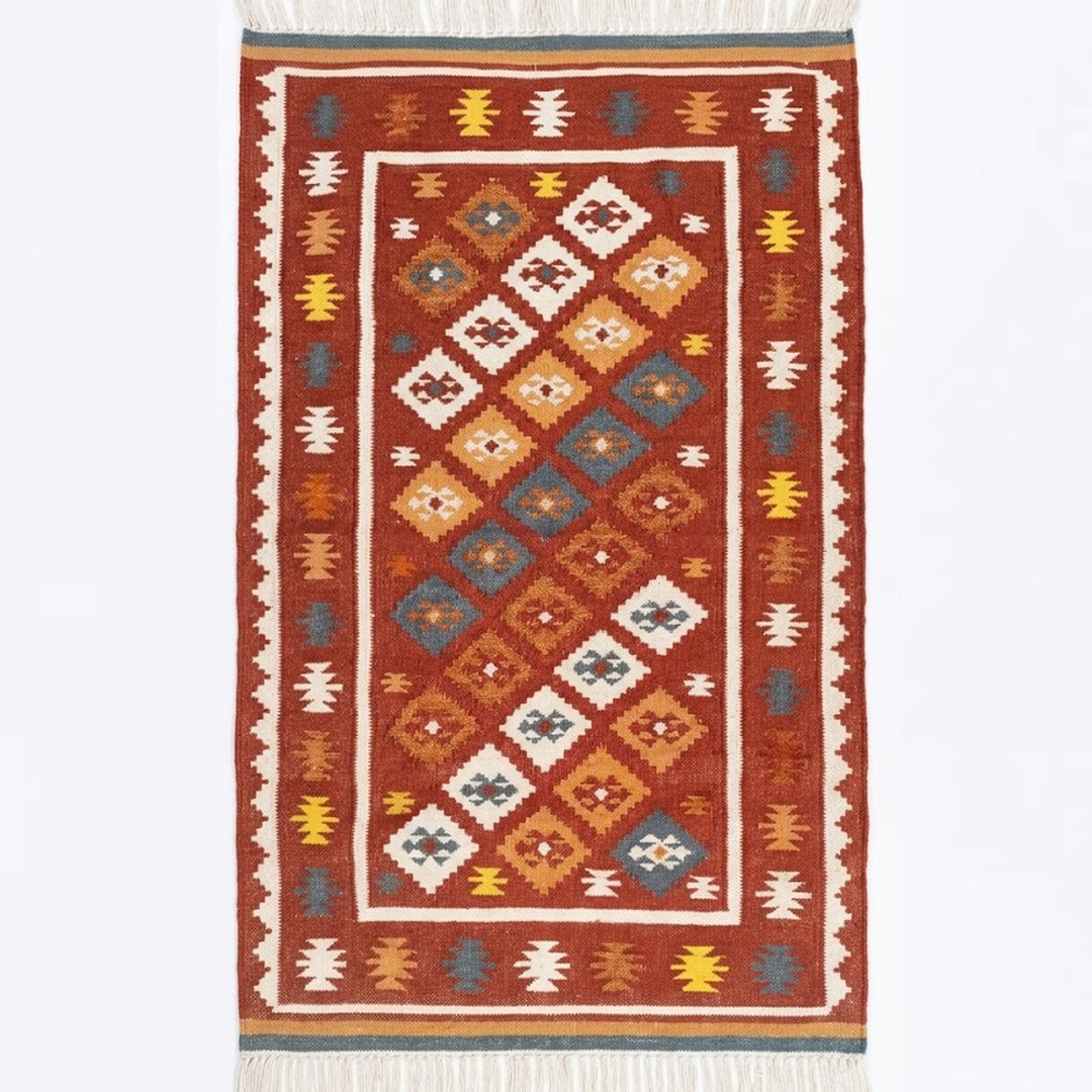 Hand Woven Red Wool Jute Kilim Hand Woven Red Wool Jute Kilim